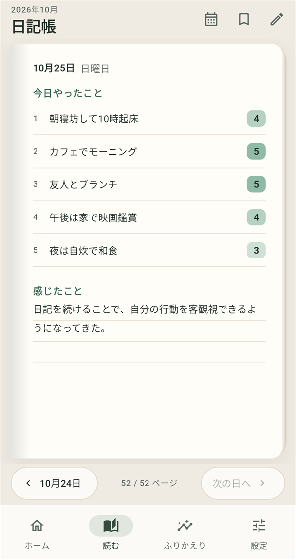 日記帳の画面。1日1ページの紙に、今日やったことと感じたこと